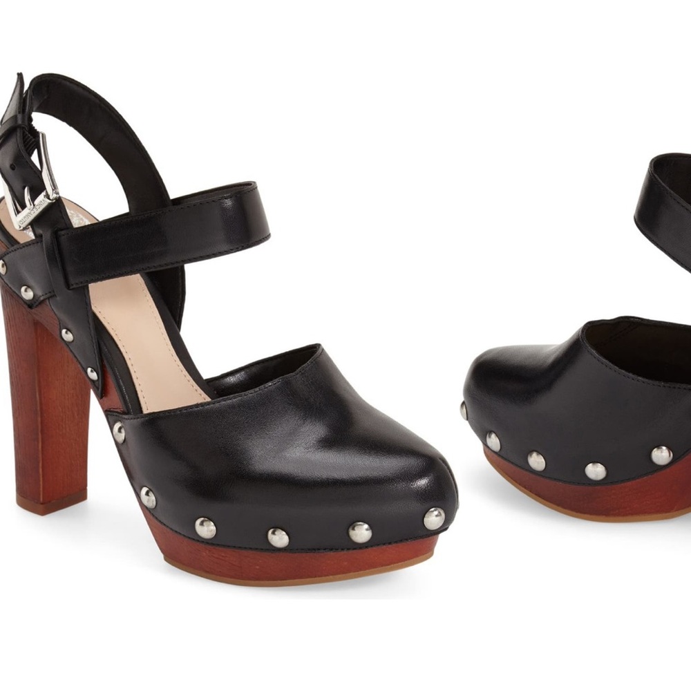 Vince Camuto wood detail heels with silver studs.